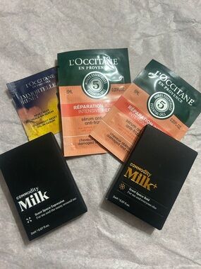 L'OCCITANE Intensive Repair Anti-Frizz Serum and Commodity Milk sample EMPTY